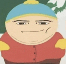 a close up of a cartoon character from south park making a silly face .