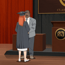 a woman in a graduation cap and gown is standing next to a man