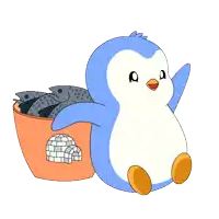 a blue and white penguin is sitting next to a bucket of fish and an igloo