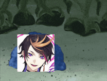 a picture of a girl with purple eyes is surrounded by a blue item