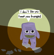 a cartoon character with a speech bubble that says " i do n't like you i want you hanged "