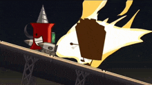 a cartoon drawing of a red object and a brown object flying through the air