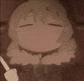 a close up of a cartoon character with her eyes closed holding a knife .