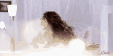a woman is taking a bath in a bathtub with bubbles coming out of her hair .
