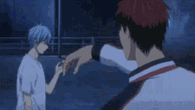 a man with blue hair is standing next to a man with white hair .