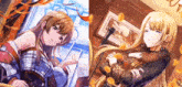 two anime girls are standing next to each other and one is holding a microphone .