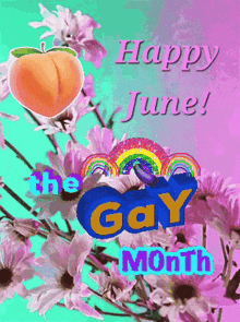 a happy june greeting card with pink flowers and a peach