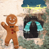 a gingerbread man is standing in front of a cave with a lightning bolt coming out of it