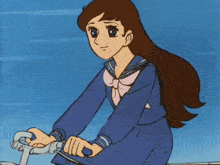 a cartoon girl is riding a bike in a school uniform .