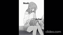 a black and white drawing of a woman sitting on a bed holding a child .