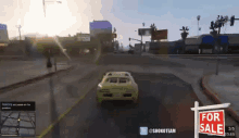 a video game scene with a for sale sign in the foreground