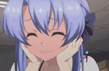 a girl with blue hair is smiling with her hands on her chin