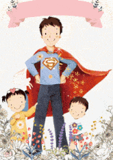 a man in a superman cape is surrounded by children