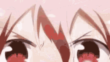 a close up of a person 's eyes with red eyes and a pink hair .