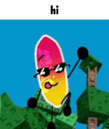 a cartoon character is wearing sunglasses and a pink hat and says hi