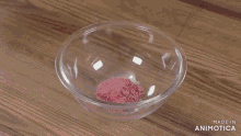 a person is mixing a red liquid in a glass bowl which is made in animotica