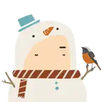 a snowman wearing a hat and scarf has a bird perched on his arm