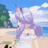 a purple haired anime girl with horns is standing on a beach .