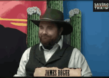 a man wearing a cowboy hat and vest is named james bogue