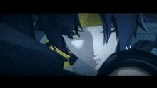 a close up of a person 's face with a yellow headband