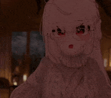 a girl wearing glasses and a sweater is looking at something