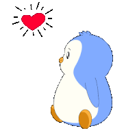 a blue and white penguin looks up at a red heart in the sky