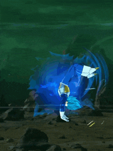 a cartoon character with blue hair is being struck by purple lightning