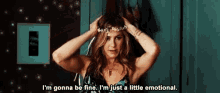 a woman wearing a flower crown on her head says i 'm gonna be fine