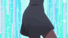 a woman in a black skirt stands in front of a blue background with stars