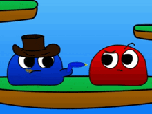 a blue cartoon character with a top hat is standing next to a red cartoon character with an angry face