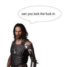 a man with long hair and a speech bubble that says " can you lock the fuck in "