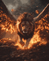 a lion with wings is running through a field of flames