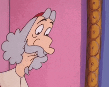 a cartoon character with a beard is talking to another cartoon character in front of a pink wall .