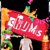 a man playing a guitar in front of a sign that says ' chums '