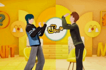 two cartoon characters are giving each other a high five in front of a sign that says ' a ' on it