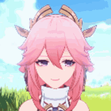 a close up of a pink anime girl with horns on her head standing in a field .