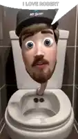 a man 's head is sticking out of a toilet bowl .