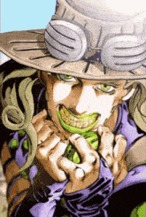 a cartoon of a man wearing a hat and goggles eating something