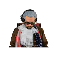 a man in a wig and sunglasses is wearing headphones and an american flag scarf