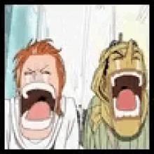 a cartoon of two people screaming with their mouths wide open .