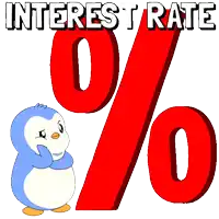 a penguin is standing next to a red percent sign that reads interest rate