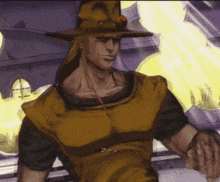 a man wearing a hat and a yellow shirt is pointing at something