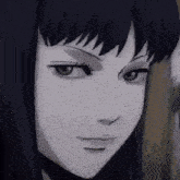 a black and white drawing of a girl with long black hair making a face .