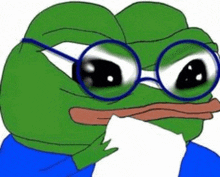 a green frog wearing glasses and a blue shirt is holding a napkin .