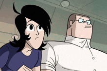 a cartoon drawing of a man and a girl with glasses