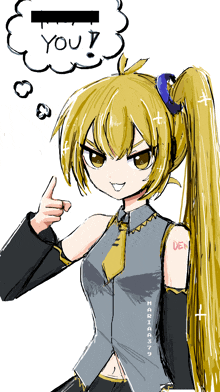 a drawing of a girl with a speech bubble that says " you "