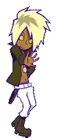 a cartoon character with blonde hair is wearing a green jacket and white pants and waving .