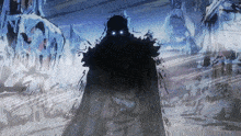 a drawing of a skeleton with glowing eyes standing in the snow