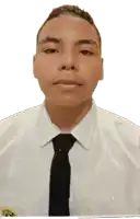 a man wearing a white shirt and black tie with a yellow badge on his chest