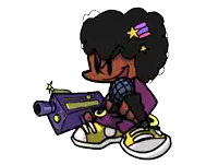 a cartoon character is holding a gun and a microphone